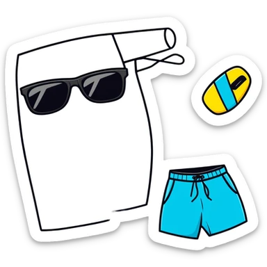 swimming board shorts and separate sunglasses on beach towel in same composition sticker