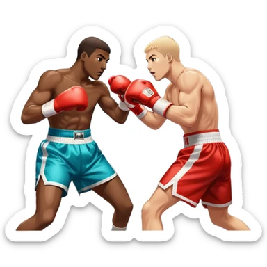 Two professional boxers in the ring, fighting for the world champion title. One delivers a long punch to the head, while the other skillfully dodges. The background features a crowded arena with bright lights and intense action. Transparent background sticker