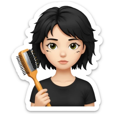 a pretty bratz fair girl with messy shaggy black hair with mascara smudged wearing a tight black tee with a hair brush stuck in hair sticker