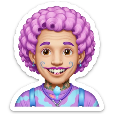 very cheerful colorful puffy violet curly haired man made out of cotton candy wearing teeth-braces and tattoos and face tattoos just face  sticker