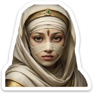 Regal and timeless, fully wrapped in meticulously aged bandages, even its face veiled in layers of ancient cloth with only faint glimpses of deep, solemn eyes peering through, adorned with faded gold accents, exuding an air of forgotten majesty and solemn duty, highly detailed, softly glowing, evoking the dignified mystery of an eternal guardian watching over lost secrets! sticker