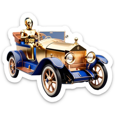  Uncle Scroogetarnished dark blue led lights C-3PO ghost buster’s 1927 delicately inlaid rose gold wood barrel accents Model-T x Rolls Royce efficiently powered by futuristic electric motors and dynamos with wide racing wheels that are strong agile advanced suspension and steering sticker