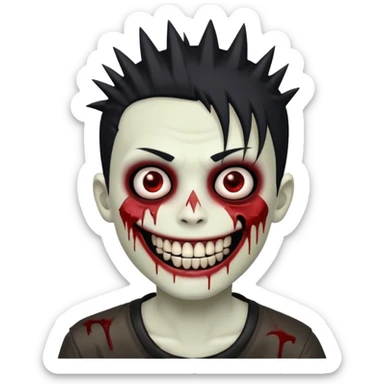 zombie boy with emo spiky hair, white skin, and white eyes; an open smile, and bloodied teeth; sticker