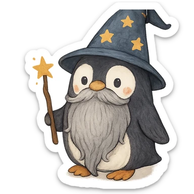 cute penguin wizard with a long beard and a pointy hat sticker