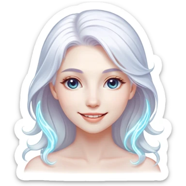 Cinematic Radiant Snow Queen Portrait Emoji, rendered in a realistic, vector style with clean proportions. Show Elsa with a gentle, confident smile, icy pale skin, and luxuriously styled platinum hair, her expression calm and regal. The image glows with a soft, enchanting icy luminescence, high shine, and is accented by a soft glowing outline that enhances her ethereal beauty. sticker