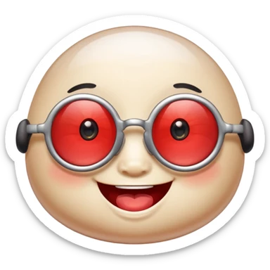 A single chubby crystal gemstone character wearing cute round glasses, chunky and irregular with faceted sides (not egg-shaped), [red], big glossy eyes behind the glasses and a wide happy smile, , high detail, soft lighting, centered on a plain dark background sticker