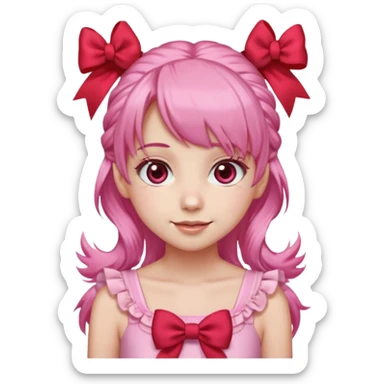 Faz uma garota de pele clara Seus olhos são grandes e rosa-avermelhados, sempre brilhantes e emotivos. O cabelo é rosa claro, preso em dois rabos de cavalo laterais com laços vermelhos, e sua franja é cheia, caindo sobre a testa de forma suave. sticker