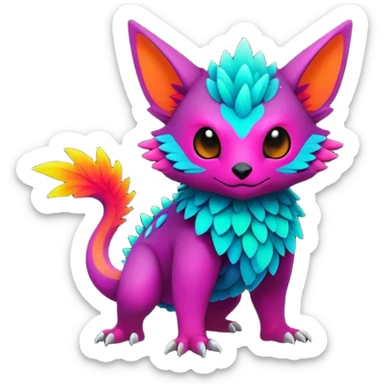 lush warm-colored colorful neon-colored Fakémon-Trico-creature (full body) sticker