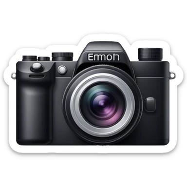 Photography icon, black camera with large lens, camera in focus, minimalistic style, clean lines, transparent background. sticker