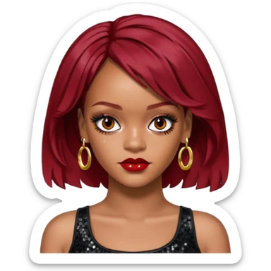 Rihanna with dark red hair, black sequin crop top, hazel eye sticker