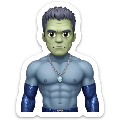 Frankenstein with grey skin, indigo sequin baggy pants, shirtless with necklace sticker