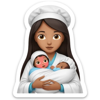 Female nurse with long dark hair with medium brown skin and brown eyes holding one new born  sticker