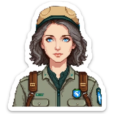 white woman park ranger with brown and gray hair and blue eyes sticker