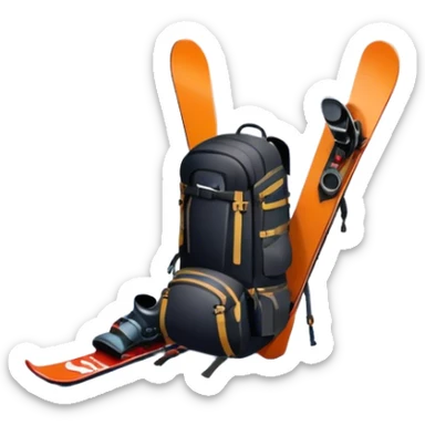Icon for Mountain Tourism: a snow-covered peak in the distance, with skis, a snowboard, climbing gear, a backpack, and a camera. The icon should represent the adventure and exploration of mountain landscapes. Transparent background. sticker