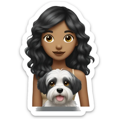 TAN SKIN GIRL with long black wavy hair and bangs HOLDING her black and white shitzu  sticker