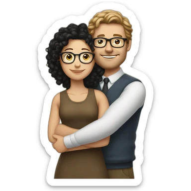 tall white man with black curly hair hugging white woman with glasses and brown straight hair sticker
