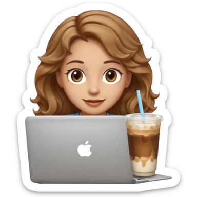 Women in front of laptop with a happy face, light brown wavy hair, light brown big eyes, light skin with a iced coffee on the side sticker