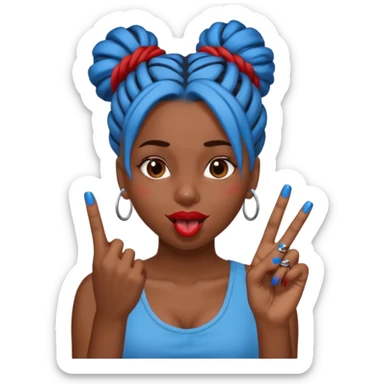 brown girl with blue locs in a bun with tongue out and red nails showing middle finger sticker