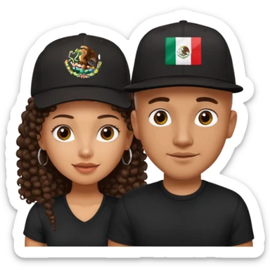 A picture of a cute tanned couple. the man is Mexican, with a bald hair cut wearing a SnapBack hat and a black shirt. the woman is mixed, she has curly longer dark brown hair, thicker and with big boobs  sticker