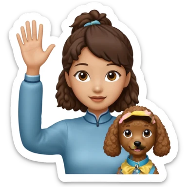 A Asia pony tail girls and brown poodle Say goodbye sticker