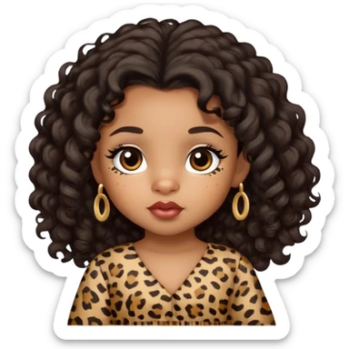 light brown skin tone, very adorable toddler, with big plump lips, long long lashes, black curly hair, middle hair parting, brown eyes, leopard print dress sticker