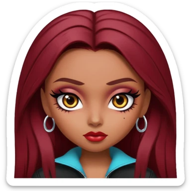 bratz baddie, beautiful eyes dark brown, eyeliner, dark red hair, middle skin sticker