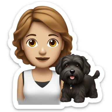 caramel skinned middle aged woman with brown hair, with black/white havanese dog sticker