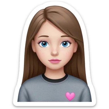 Create a teenage girl with LONG and straight light brunette hair, light skin, light freckles, and blue-grey eyes. She will have pink lips and long eyelashes. She will be wearing a black crewneck.  sticker