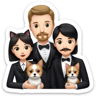 Couple, Tall white man with short brown hair mustache and goatee, small pale woman long with black hair, yorkshire terrier and tuxedo cat sticker