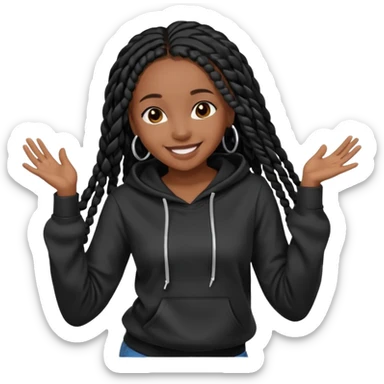 African American girl dark skin complextion long black box braids wearing plain black hoodie dancing sticker