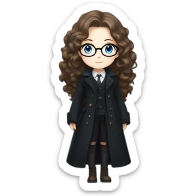 full length anime girl in a black coat, glasses with big blue eyes and white skin and curly brown long hair and aristocratic high cheekbones sticker