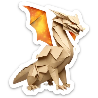 Beige Origami dragon made of newspapers on fire surrounded by fairy lights swirls covered in dried flowers bokeh library bunting floral flowers fire flames sticker