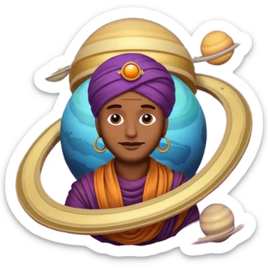A bold emoji-style illustration with Saturn 🪐 as the dominant element, clearly showing its bright rings. Inside the planet, a stylized man wearing a colorful turban 👳🏾‍♂️, depicted as a mystical or adventurous character, sitting or floating within Saturn, integrated with the planet’s texture. . sticker