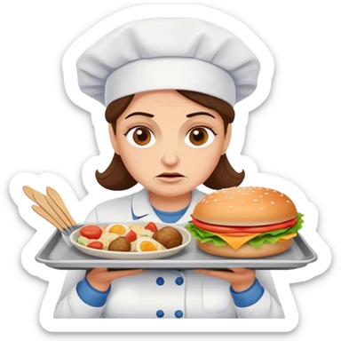 lunch lady with a tray of unappetizing food, exaggerated disgusted face sticker
