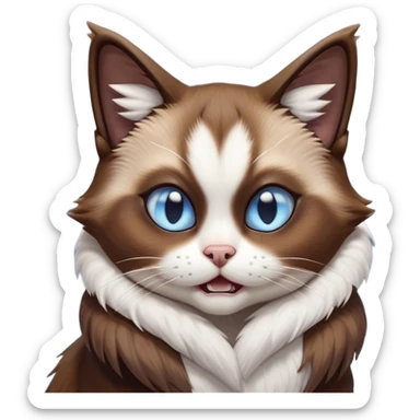 Cinematic Comical Brown Mantle Snowshoe Cat Portrait Emoji, Head tilted dramatically with an exaggeratedly shocked or offended expression, deep brown fur flowing like a mantle over its back, paired with crisp white paws, chest, and a signature white facial mask, piercing icy-blue eyes widened in disbelief, Simplified yet hilariously expressive features, highly detailed, glowing with a slightly sassy glow, high shine, dramatic yet playful, stylized with an air of attitude, bright and endearing, soft glowing outline, capturing the essence of a sassy and over-the-top feline, so meme-worthy it feels like it could side-eye its way into internet fame instantly! sticker