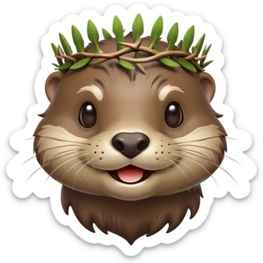 really cute smiling joyful otter face in three-quarter profile view with simple thorny stem wrapped horizontally around its forehead like Jesus Christ's Crown of thorns, no crown shape on top, just thin spiky branches circling the forehead, Apple emoji style, glossy finish, smooth gradients sticker