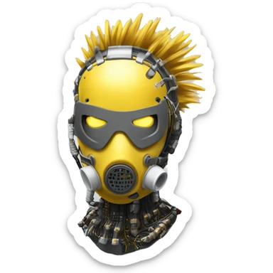 Dark yellow Mohawk female cyborg head with white respirator mask and circuits sticker