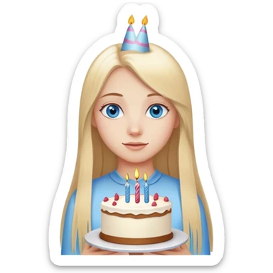 Straight long blonde hair blue eyes girl holding birthday cake sticker