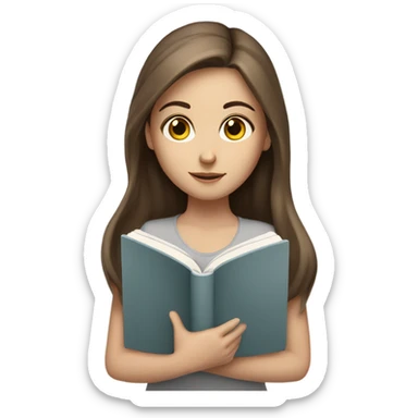 White girl with long brown hair and grey eyes reading a book sticker