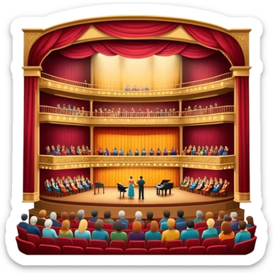 An icon depicting a theater stage with actors performing a play, illuminated by dramatic lighting. The audience watches from colorful balconies, while an orchestra plays in the pit, creating an immersive atmosphere. transparent background. sticker