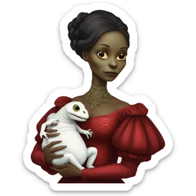  Reptilian alien woman , full body, in victorian red elegant dress , holds a newborn white humman baby sticker
