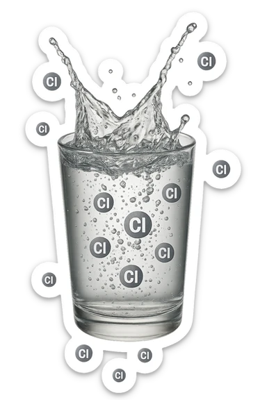un bicchiere di acqua cade verticalmente dall'alto realistico e dettagliato, dentro l'acqua del bicchiere ci sono particelle di cloro ben visibili con la scritta "Cl" sopra, ci sono particelle anche che escono dal bicchiere e fluttuano in aria verticalmente, mentre alcune sono all'interno dell'acqua nel bicchiere, iperrealistico 4k sticker