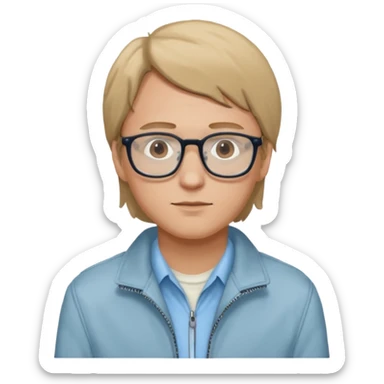 Brian Lackey from Mysterious Skin with brown eyes, dark blonde hair, light blue shirt, ivory jacket, glasses sticker