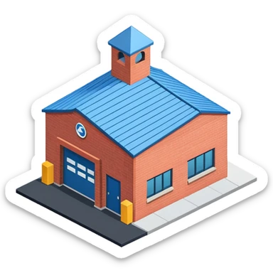Single story warehouse building in isometric view with loading dock and roll-up door sticker