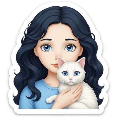 A girl with long black wavy hair and fair skin, holding a white cat. The cat’s left eye is blue and its right eye is yellow. sticker