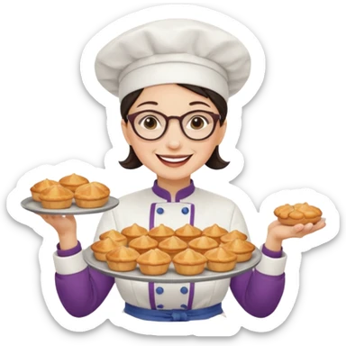Older female pastry chef – round glasses, oven mitts on, holding a tray of pastries.

 sticker