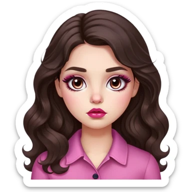 girl with light wheatish skin, dark brown long wavy hair, pouty shiny lips with berry lip gloss, large eyes with eyelashes, pink blush on cheeks, inner eye highlighted with white eyeliner, button nose sticker