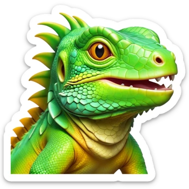 Cinematic Realistic Cute Iguana Portrait Emoji, Head tilted playfully and inquisitively, featuring a compact, agile build with a glossy, intricately scaled body in vivid green hues and a characteristically expressive face with bright, curious amber eyes, rendered in lifelike detail with natural highlights, high shine, affectionate and lively, styled with a touch of tropical whimsy, soft glowing outline, capturing the essence of a mischievous yet lovable iguana that seems poised to scurry out of the screen into your arms! sticker