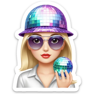 a girl with cool shades and a disco ball hat sticker