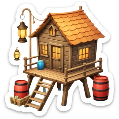 
fisherman house on a wooden pier, small dock, fishing nets hanging, barrels, lantern, ocean vibe, 3D cartoon, cute mobile game icon, clean background, no text
 sticker